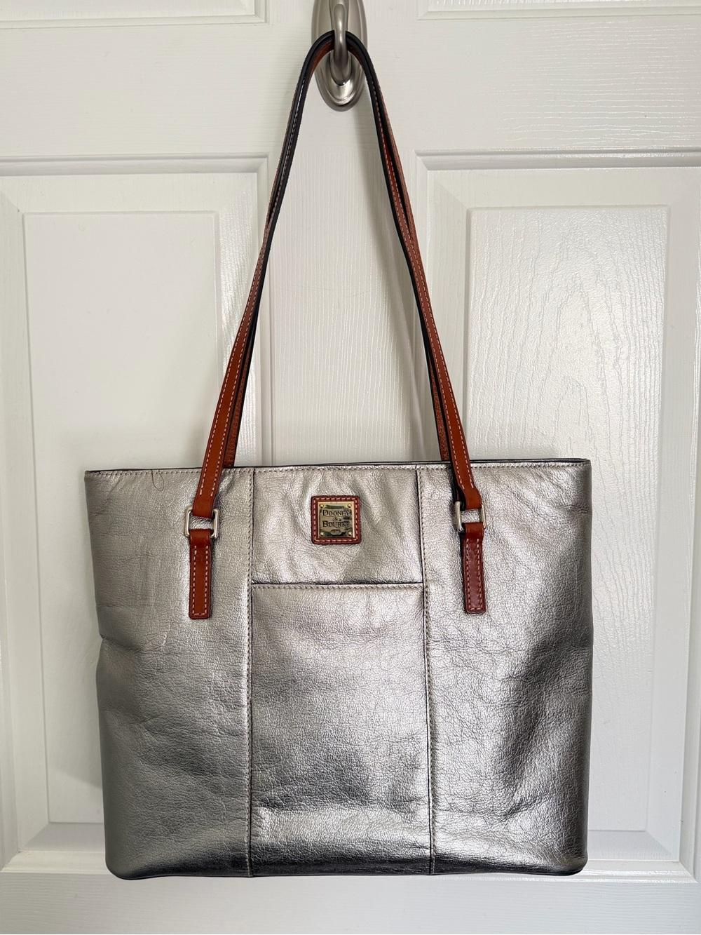 Dooney & Bourke Silver Tote with Brown Straps